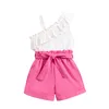 Set di abbigliamento EWODOS Set di bretelle diagonali con volant per bambini e pantaloncini con fiocco rosa con bordo elastico per 4-7 anni