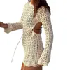 Casual Dresses Knitted Mini Dress Women High-Waist Long Sleeves Backless One Piece Crochet Hollow See-Through Beach