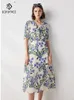 Sukienki imprezowe Birdtree Mulbert Silk Sukienki z krótkim rękawem Kobiety kwiatowy francuski w stylu francled ruf do podwójnej krepii 2024 Summer D37483QC