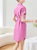 Festklänningar Vimly Pink Short Sleeved Polo Collar Shirt Dress for Women 2024 Summer Fashion Cotton Chic and Elegant With Belt