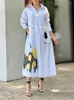 Casual Dresses Yeezzi Women Fashion Elegant Printed Lapel Shirt Dress 2024 Spring Autumn långa ärmar Loose Going Out Midi