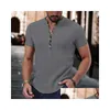 Camicie casual da uomo Camicia di lino da uomo Estate Henley Nero Bianco Vino Manica corta Tinta unita Scollo a V Abbigliamento quotidiano Drop Delivery Apparel Dh8Ad