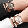 Wristwatches 4PCS/Set Geneva Couple Watch Women's Casual Leather Strap Quartz Beaded Bracelet Set