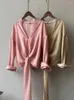 Женские блузки 2024, весна-лето, блузка-рубашка, жаккардовая рубашка с v-образным вырезом, завязка на одной пуговице, нерегулярный тип, корейская одежда 80973