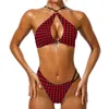 Micro Bikini Swimsuit Houndstooth Print Push Up Bikinis Set Sexy Black and Blue String Novely Swimwear Women Swim Bath Biquini 240327