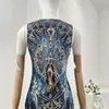 Casual Dresses 2024 Summer Women Vintage Navy Blue Peacock Print Sleeveless Diamonds Pressed Vest Side Slit Silk Maxi Dress