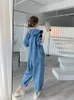 Tulumlar Kadın Moda Sonbahar Bahar Kot Bebek Yaka Katı Tam Uzunluklu Yüksek Bel Gevşek Jump Takımları Kadınlar için 240328
