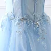 Médecine bleu clair robes de bal longue Sexy chérie Aline Tulle dentelle Applique perlée cristal femmes robe de soirée formelle