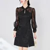 Casual Dresses Elegant Party for Women Chinese Style Spring Summer Jacquard Patchwork Mesh spetsen Långärmad kvinnors vintage svart klänning