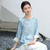 Ethnische Kleidung 2024 Frühlingsfrauen Chinesische Rundhalsplatte Schnalle Jacquard Bluse Blauer Tang-Anzug Hanfu Art Division Weibliches Kleid