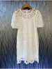 Party Dresses Hollow Out Embroidery Dress 2024 Summer Fashion White Pink High Quality Ladies Short Sleeve Straight Casual