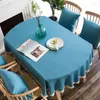 Toalha de mesa oval 135cm tecido de linho azul impermeável fazenda elipse com renda sólida rústica jantar chique