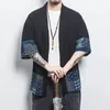 Roupas étnicas Azul Impressão Xadrez Meia Manga Samurai Kimono Yukata Plus Size Masculino Cardigan Japonês Camisa Solta Casual Praia Haori Robe 4XL