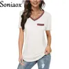 Kvinnors T-skjortor Summer Chest Pocket Casual Cotton Short Sleeve Solid Color V-Neck Matching T-Shirt Ladies Fashion Tees Tops