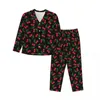Casa roupas bonito frutas conjuntos de pijama vermelho aquarela cerejas sleepwear mulher manga longa quarto vintage 2 peças terno tamanho grande