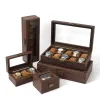 Fall 3/6/10/12 Slot Pu Leather Watch Box Proterable Travel Watch Staying Vintage Wood Color Watch Stand Smycken Organiser