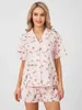 Femmes Survêtements Femmes Pyjamas Ensemble Short Et Haut Dessin Animé Mignon Imprimé Floral Manches Courtes Chemise Boutonnée 2 Pièces Jammies Loungewear