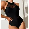 Preto sexy net um pedaço maiô fechado feminino banho push up corpo das mulheres nadar wear maiô praia piscina banhista 240402