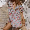 Party Dresses 2024 Boho Short Cascading Ruffles Sleeve Flower Print Mini Dress Hippie Women Single-Breasted Button Hem Slit Robe Holiday