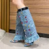 Boots Fashion Runway Blue Denim Crystal Thin Think Knee High Boots Stilettos Peep Toe Women Women Shoes Color Rhinestons Boots Botas