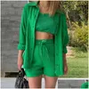 Womens Tracksuits Women Outfit Long Sleeve Anti-Pilling Versatile Solid Color Pleated Shirt Wide Leg Shorts Set Top Streetwear Drop De Dhsjp