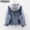 WTEMPO femmes épissé à capuche cordon à manches longues Denim manteau boutonné à capuche bleu noir Jean printemps vêtements d'extérieur automne 240319