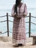Robes décontractées Mode Femmes Summer Beach Robe Longue Lanterne Manches Tie-Up Col V Rétro Imprimer Lâche Doux pour la peau