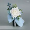 Fleurs décoratives bleu mariage mariée tenir Bouquet demoiselle d'honneur fleur main poignet Floral marié Corsage ruban de Satin fête mariage