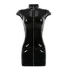 Casual Dresses ! Sexy Women Faux Leather Mini Dress Black PVC Wet Look Bondage Tight Catsuit Fetish Latex Clubwear Costume