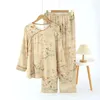 Casa roupas primavera/verão pijamas estilo chinês para calças de manga comprida feminina conjunto de gaze de dupla camada de algodão de bambu fino