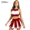 Sexy schoolmeisje cheerleader kostuum vrouwen volwassen cheerleading uniform dansende outfit mouwloze crop top met mini geplooide rok 240319