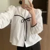 女性のブラウスKimotimo Women Shirts Korean Chic O Neck Lace Up Contrasted Rooles Tops Spring Carucation All Match Long Sleevedブラウス