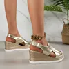 Sandalen Goud zilver PU lederen sleehak sandalen geschikt voor dames 2023 zomer luier teen platform sandalen dames plus size dikke zool sandalen J240402