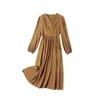 Casual Dresses 2024 Winter And Autumn Women Long Sleeve Warm Fashion Ladies Brown Silk Velvet V-Neck Dress