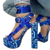 Sandalias Lindo Bandana Imprimir Tacones altos Zapatos de plataforma para mujeres Verano Damas Tacón grueso Tobillo Correa Sexy Pumps3189599