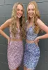 TwoPiece Hoco Dress 2020 Purple Sequins Homecoming Gowns Sheath Spaghetti Neck Short Prom Dress Backless Tassel Pink Blue4974862