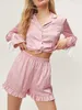 Home Vêtements Femmes mignons Pyjama Satin Set Tie Terre Boute à manches longues Shirt et Shorts Pripy Pjs Sleepwear Loungewear