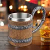 Mugs Simulation Wooden Barrel Mug Double Wall Wood Style Beer Creative Durable Resin Stainless Steel Retro For Home Ornament