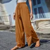 Pantalon femme été ample jambe large décontracté couleur unie bouton taille haute avec ceinture élastique plage fente pantalon