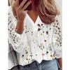 Women's Blouses V Neck Long Sleeve Crochet Lace Shirts White Simple Blouse 2024 Hollow Elegant Shirt Loose Office Lady Tops 28618