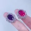 Cluster Rings Fashion Trend S925 Silver Inlaid 5A Zircon Ladies Personality Pigeon Blood Ruby Square Pendant Ring Earring Three-piece Suit