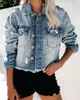 여성 찢어진 긴 소매 데님 재킷 패션 슬림 한 짧은 청바지 코트 스트리트 스트리트 캐주얼 의류 S-2XL 드롭 선박 240326