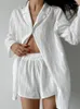 Pyjama blanc pour femmes, ensemble 2 pièces, ample, manches longues, vêtements de nuit, costumes en coton avec short, vêtements de maison décontractés, automne