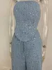 Femmes Survêtements Mode Paillettes Denim Ensemble Femmes Bustier Tunique Taille Crop Top Et Pantalon À Jambes Larges Costume 2024 2 Pièces Ensembles Tenues Survêtement