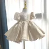 Princess Champagne Flower Girl Dresses Vintage Cap Sleeve Sheer Crew Neck Applicants Ruched Satin Söta tjej Formella festklänningar Luxury 2024 Ny bollklänning Pageant Wears