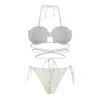 Damen-Badebekleidung, sexy 3D-weiße Blumen-String-Micro-Mini-Bikini-Sets, zweiteilig, hohe Taille, Dreieck-Badeanzug, weiblicher Badeanzug, Biquini