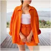 Womens Tracksuits Mulheres Outfit Manga Longa Anti-Pilling Versátil Cor Sólida Camisa Plissada Perna Larga Shorts Set Top Streetwear Drop de Dhsjp