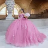 2024 Quinceanera Dresses Elegant Pink Tulle Off Shoulder Short Sleeves Lace Applique Crystal Beads Sweet 16 Party Dress Bow Vestidos De 15 Prom Party Gowns