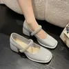 Dress Shoes FHANCHU 2024 Mary Janes Women Pumps.High Heels Square Toe Retro Style Shining Ankle Strap Black Beige Dropship