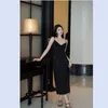 Casual Dresses 2024 Spring/Summer Heavy Industry Rolled Diamond Elegant Swinging Neck Black Slim Wrapped Hip Style Dress with Hanging Strap